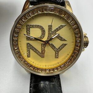 DKNY Watch Women Gold Tone 42MM Round Dial Crystal Bezel Black Band